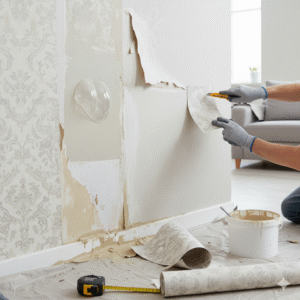 Man removing badly hung wallpaper for wall with a utility knife, showing bubbles and peeling edges.