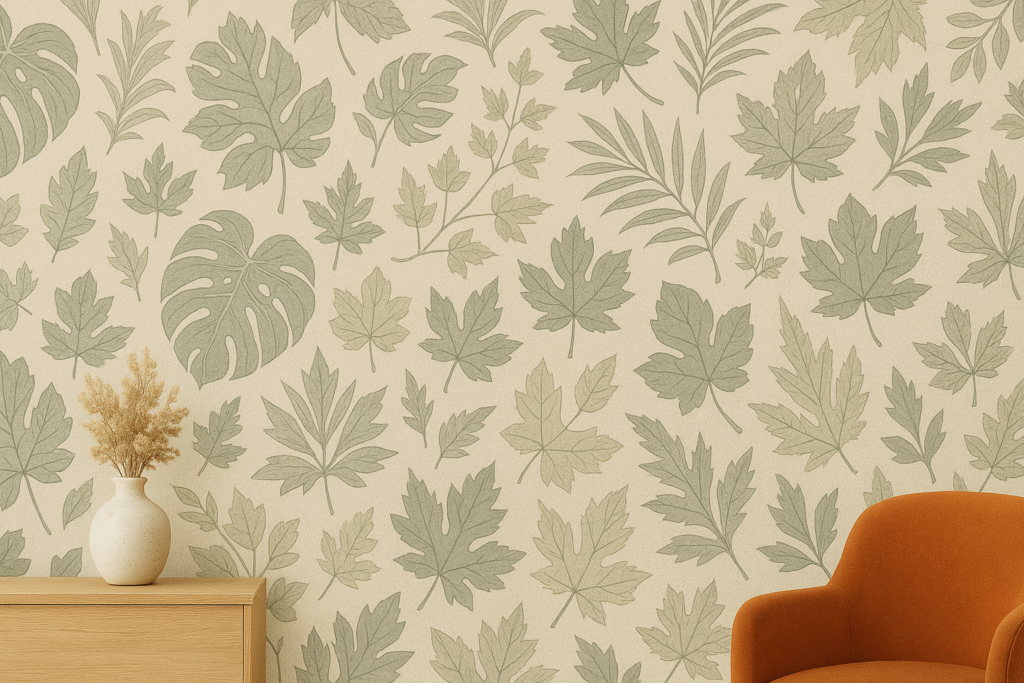 Modern living room featuring elegant wallpaper for wall with soft botanical leaf patterns, wooden furniture, and minimalist decor in warm earthy tones