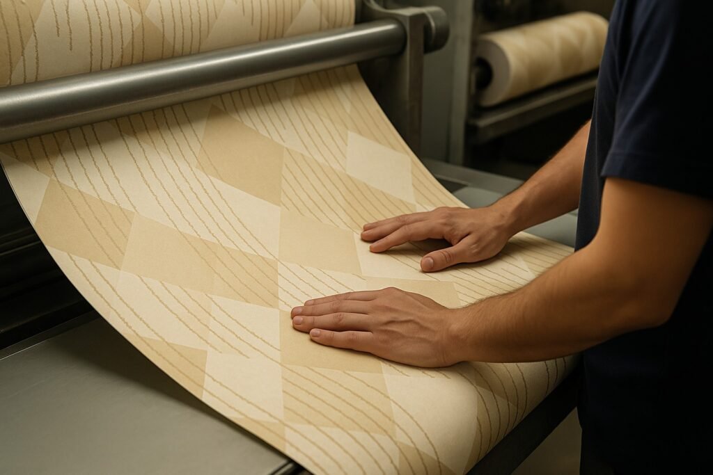 Wallpaper Manufacturer in India producing premium designer wallpapers — Eximus Wallpaper team inspecting high-quality geometric designs during production.