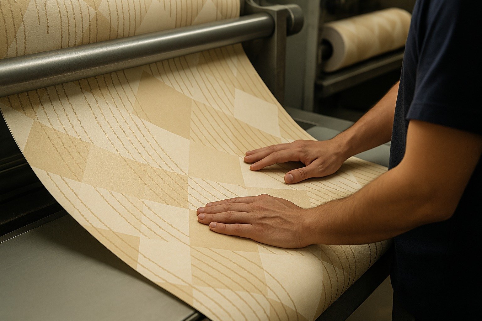 Wallpaper Manufacturer in India producing premium designer wallpapers — Eximus Wallpaper team inspecting high-quality geometric designs during production.