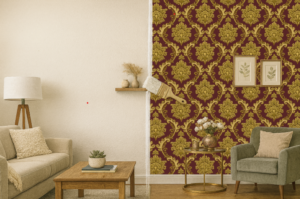 "Living room showing a before-and-after transformation, with one half in a plain painted wall and the other half decorated with a rich maroon and gold damask wallpaper for wall design."